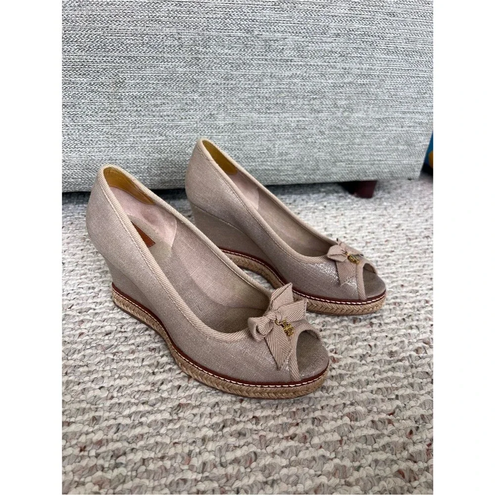 Tory Burch Jackie Canvas Bow Peep Toe Espadrille Wedges